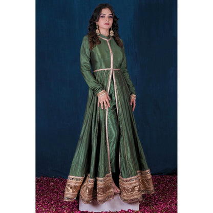 SAUBHAGYA Silk Front-Open Embellished Anarkali with Pant and Dupatta (Set of 3)