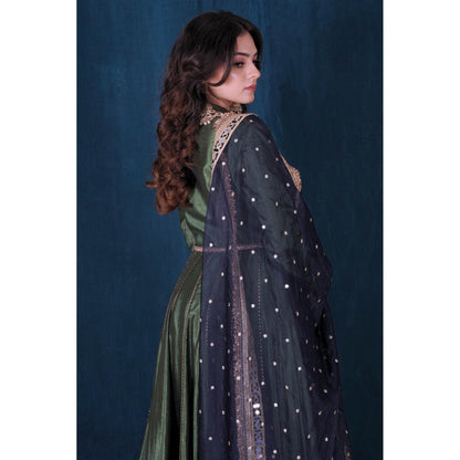 SAUBHAGYA Silk Front-Open Embellished Anarkali with Pant and Dupatta (Set of 3)