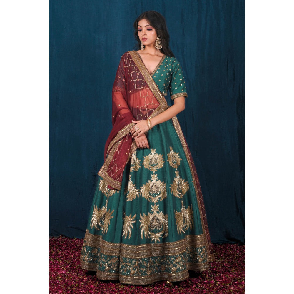 SAUBHAGYA Multicolor Silk Embellished Blouse with Lehenga and Dupatta (Set of 3)