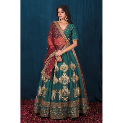 SAUBHAGYA Multicolor Silk Embellished Blouse with Lehenga and Dupatta (Set of 3)