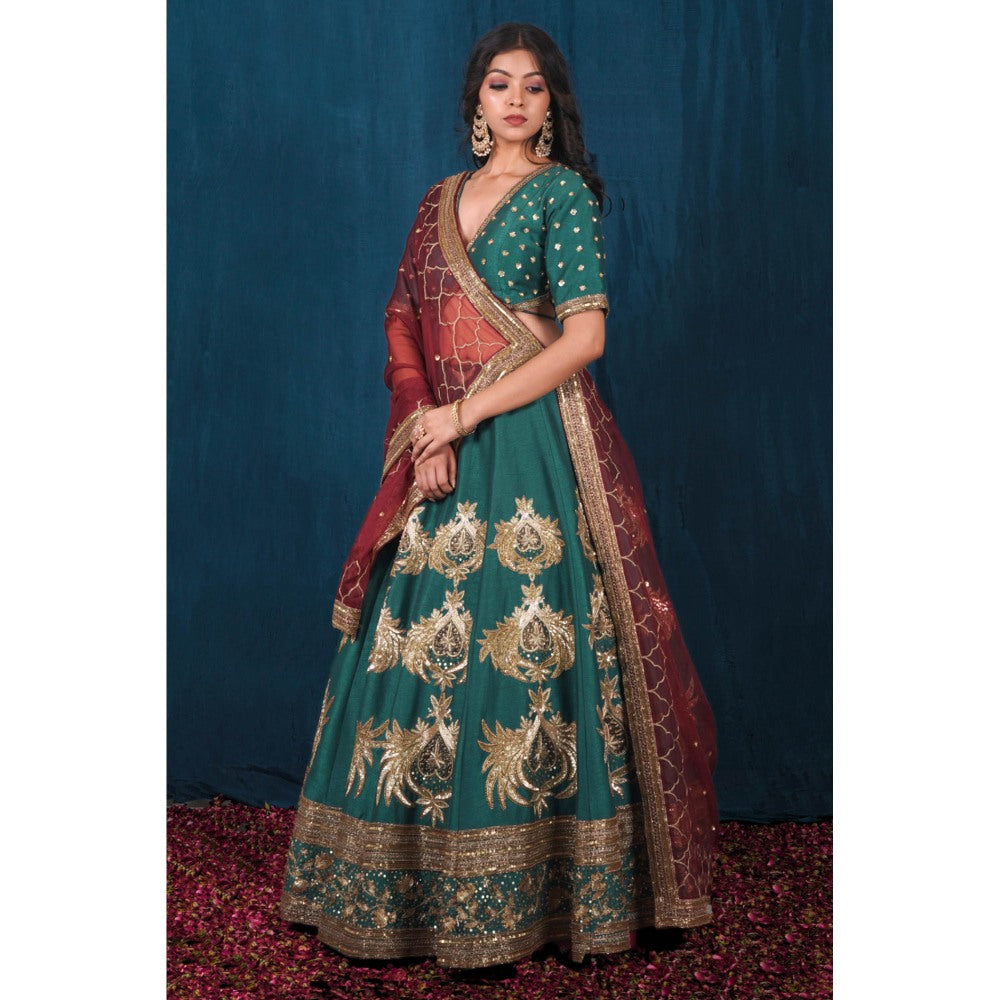 SAUBHAGYA Multicolor Silk Embellished Blouse with Lehenga and Dupatta (Set of 3)