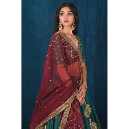 SAUBHAGYA Multicolor Silk Embellished Blouse with Lehenga and Dupatta (Set of 3)