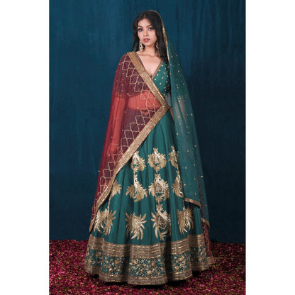 SAUBHAGYA Multicolor Silk Embellished Blouse with Lehenga and Veil Dupatta (Set of 4)