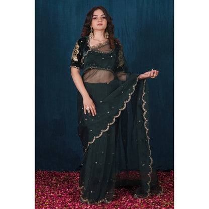 SAUBHAGYA Green Silk Velvet & Organza Saree with Stitched Blouse