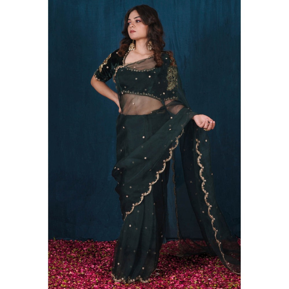 SAUBHAGYA Green Silk Velvet & Organza Saree with Stitched Blouse