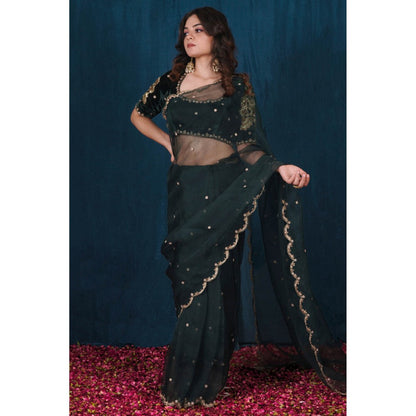 SAUBHAGYA Green Silk Velvet & Organza Saree with Stitched Blouse