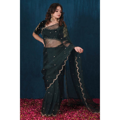 SAUBHAGYA Green Silk Velvet & Organza Saree with Stitched Blouse