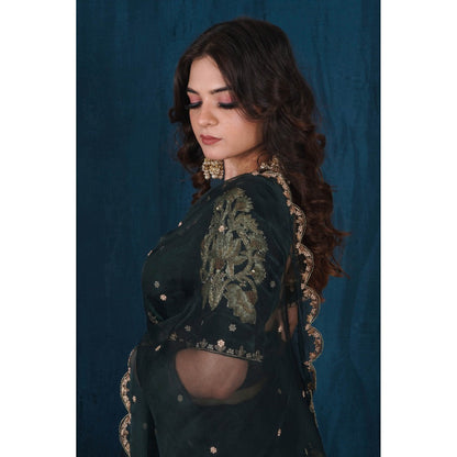 SAUBHAGYA Green Silk Velvet & Organza Saree with Stitched Blouse