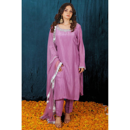 SAUBHAGYA Lavender Upada Silk Kurta with Pant and Dupatta (Set of 3)