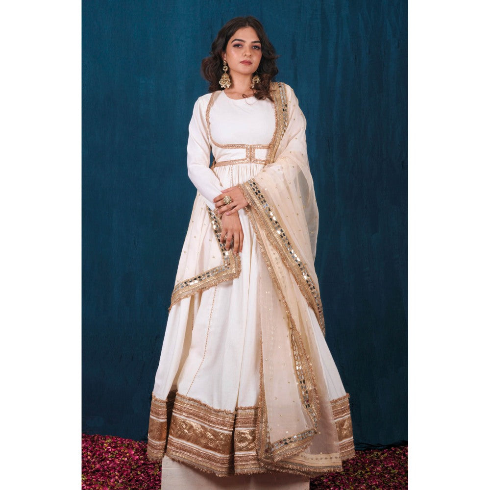 SAUBHAGYA Off-White and Gold Upada Silk Anarkali with Heavy Dupatta (Set of 2)