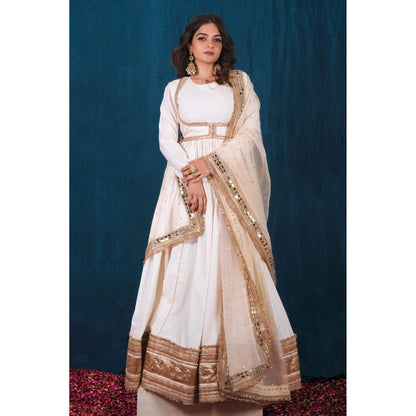 SAUBHAGYA Off-White and Gold Upada Silk Anarkali with Heavy Dupatta (Set of 2)