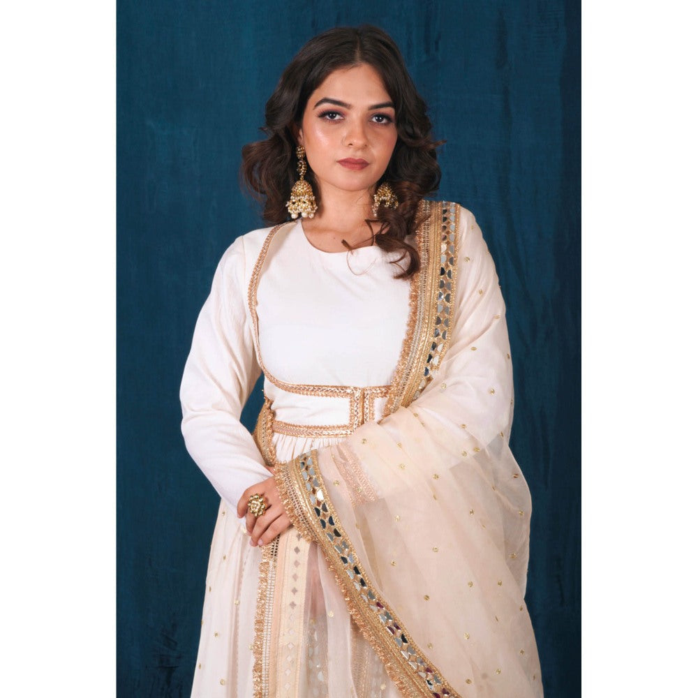 SAUBHAGYA Off-White and Gold Upada Silk Anarkali with Heavy Dupatta (Set of 2)