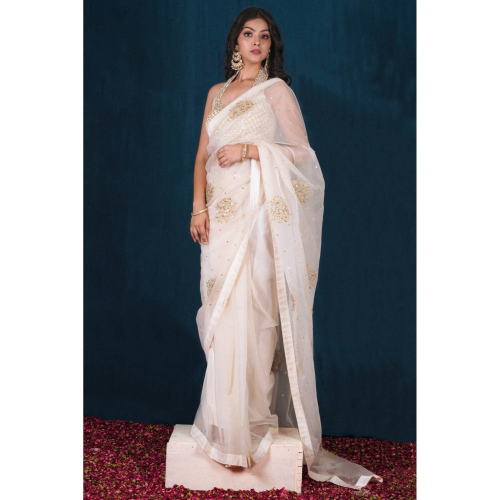 SAUBHAGYA Off-White Organza Pre-Draped Saree with Stitched Blouse