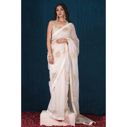 SAUBHAGYA Off-White Organza Pre-Draped Saree with Stitched Blouse