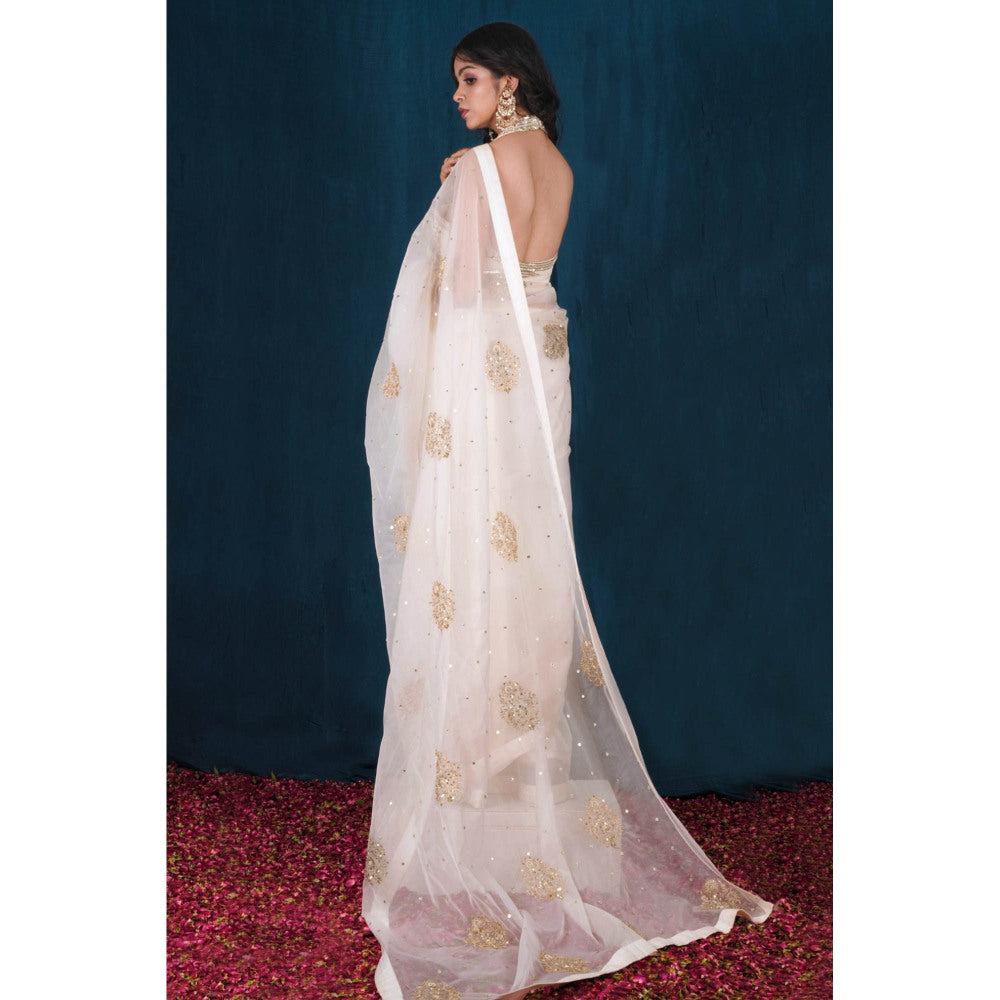 SAUBHAGYA Off-White Organza Pre-Draped Saree with Stitched Blouse