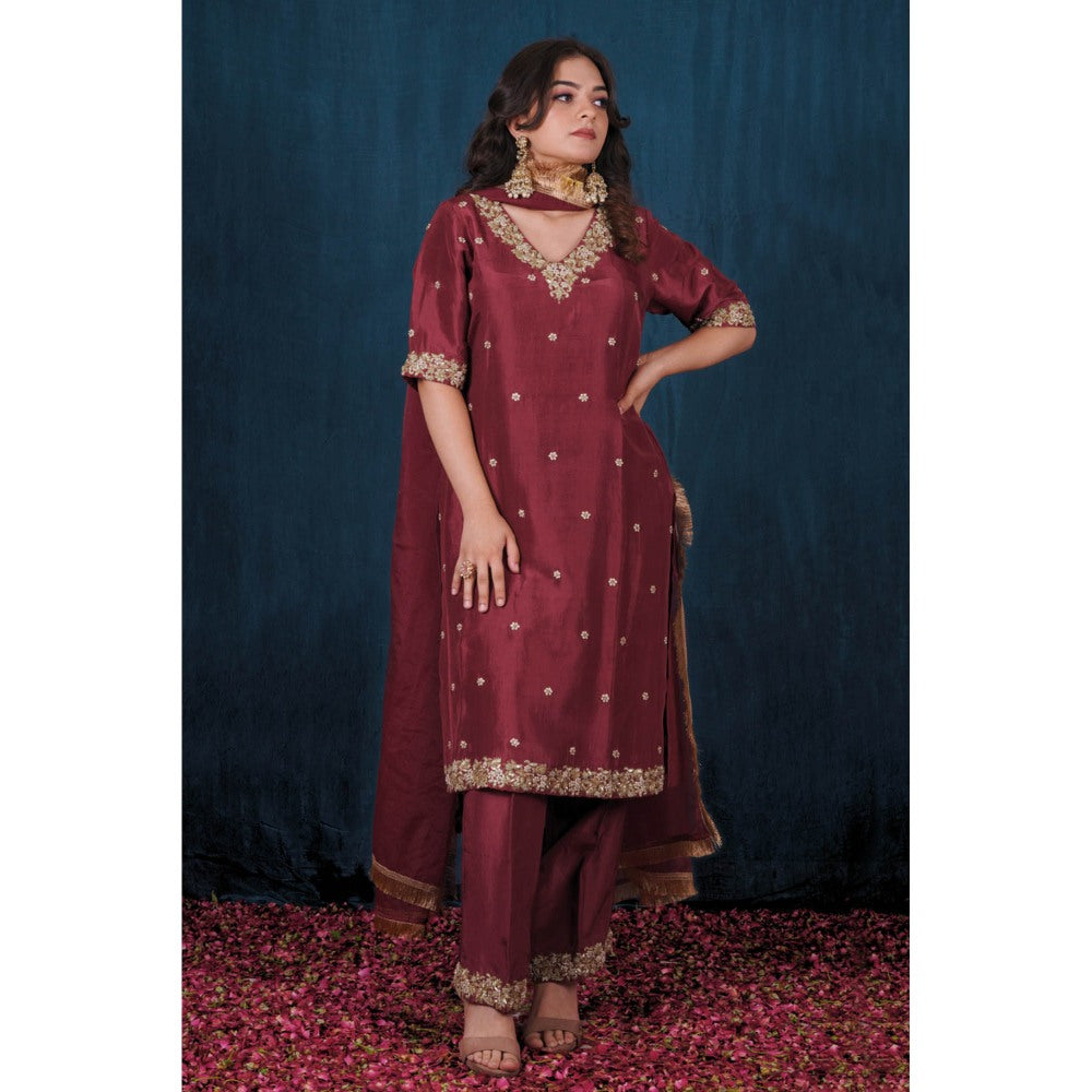 SAUBHAGYA Maroon Upada Kurta with Pant and Dupatta (Set of 3)