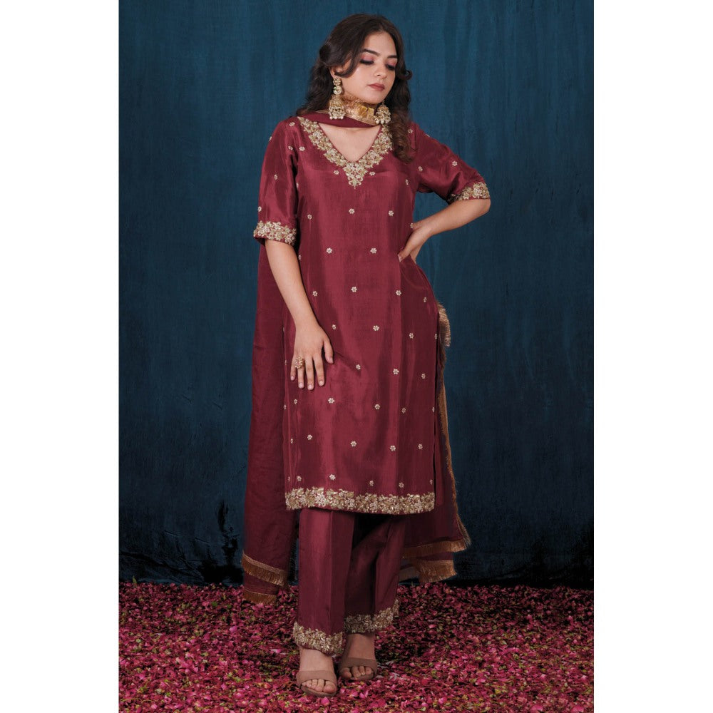 SAUBHAGYA Maroon Upada Kurta with Pant and Dupatta (Set of 3)