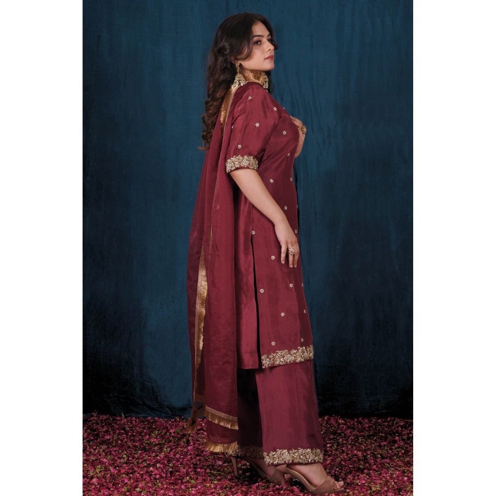 SAUBHAGYA Maroon Upada Kurta with Pant and Dupatta (Set of 3)