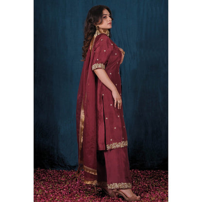 SAUBHAGYA Maroon Upada Kurta with Pant and Dupatta (Set of 3)