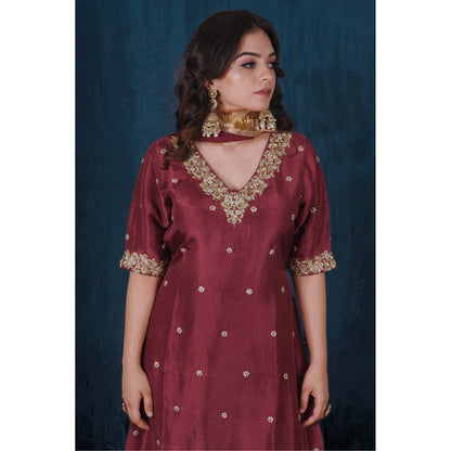 SAUBHAGYA Maroon Upada Kurta with Pant and Dupatta (Set of 3)