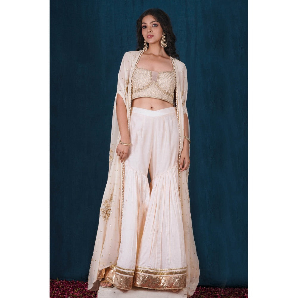 SAUBHAGYA Blush Ivory Embellished Blouse with Sharara and Cape (Set of 3)