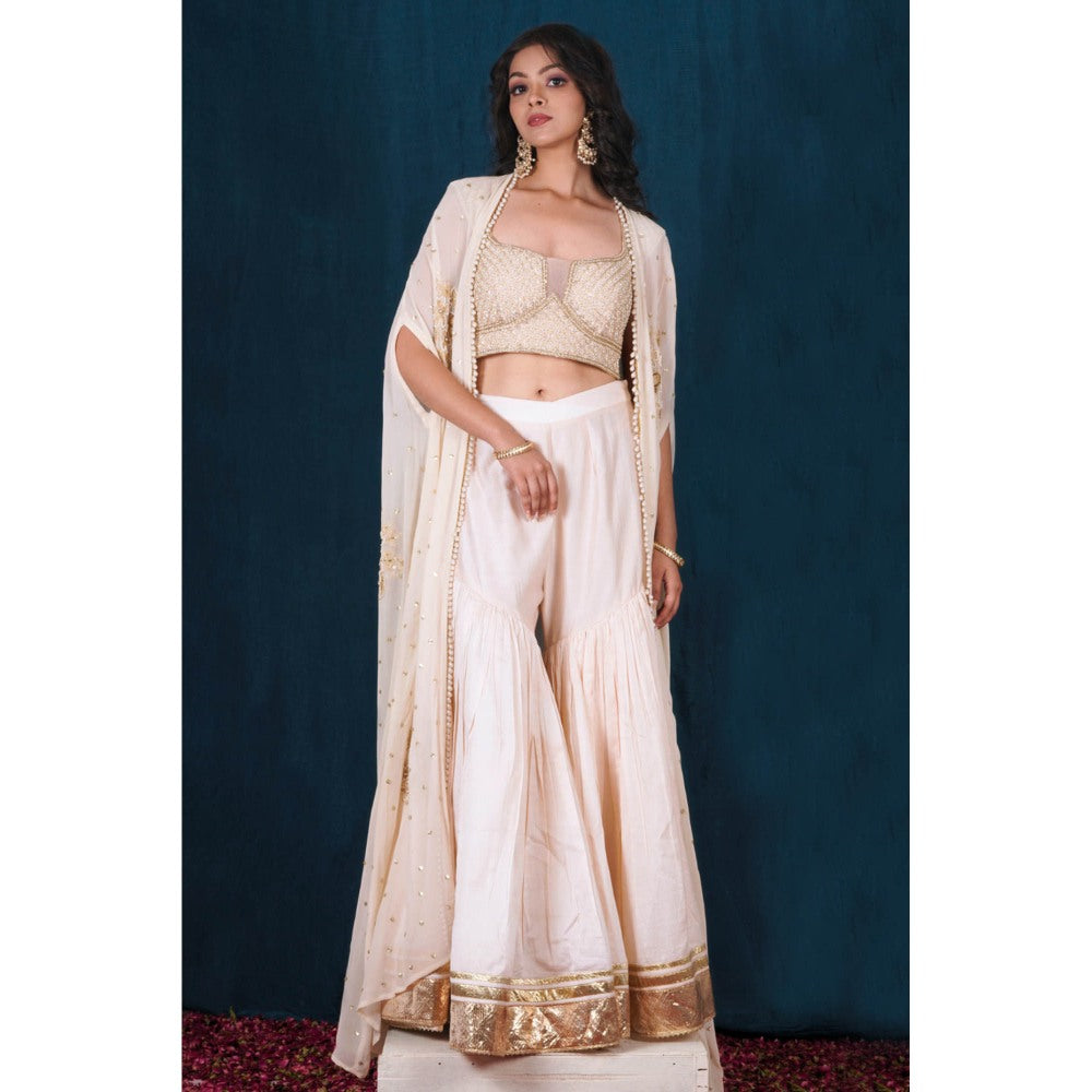 SAUBHAGYA Blush Ivory Embellished Blouse with Sharara and Cape (Set of 3)