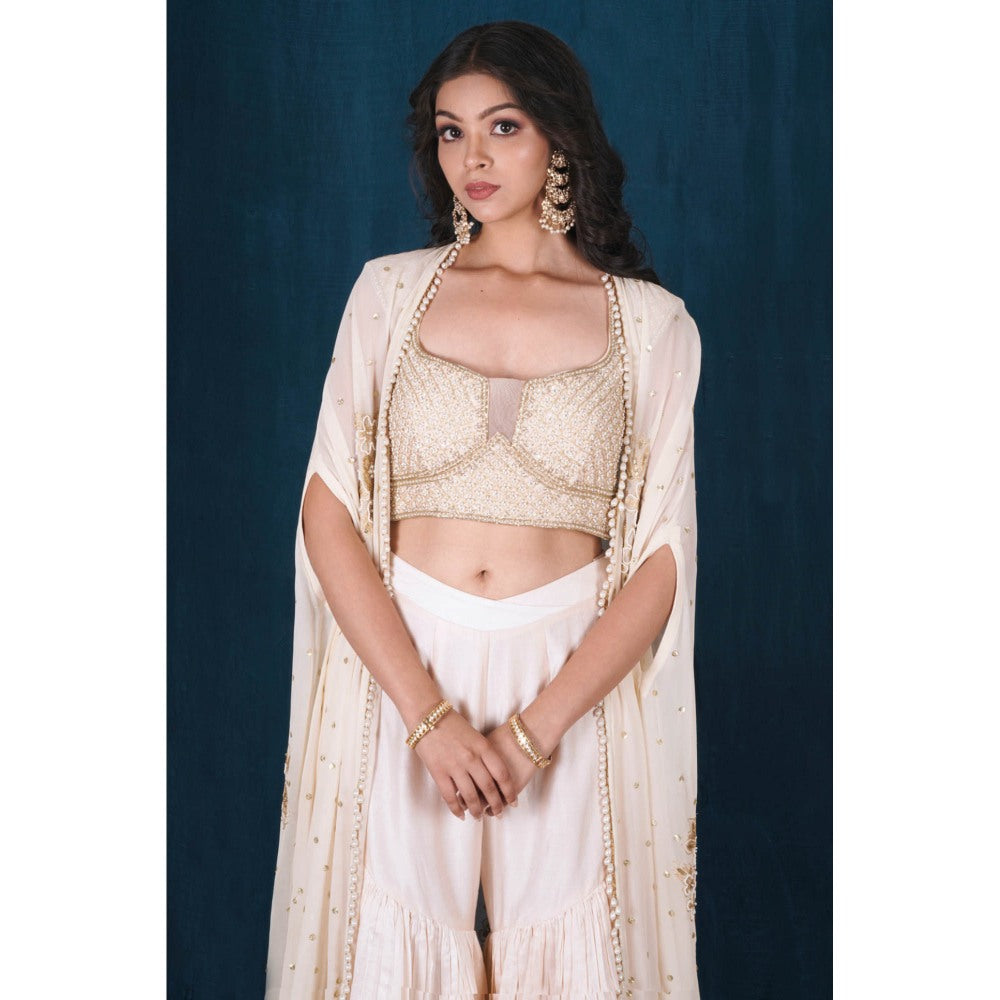 SAUBHAGYA Blush Ivory Embellished Blouse with Sharara and Cape (Set of 3)
