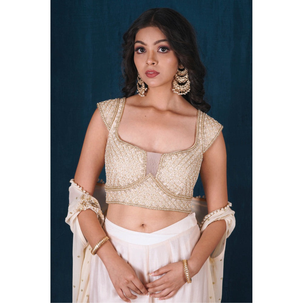 SAUBHAGYA Blush Ivory Embellished Blouse with Sharara and Cape (Set of 3)