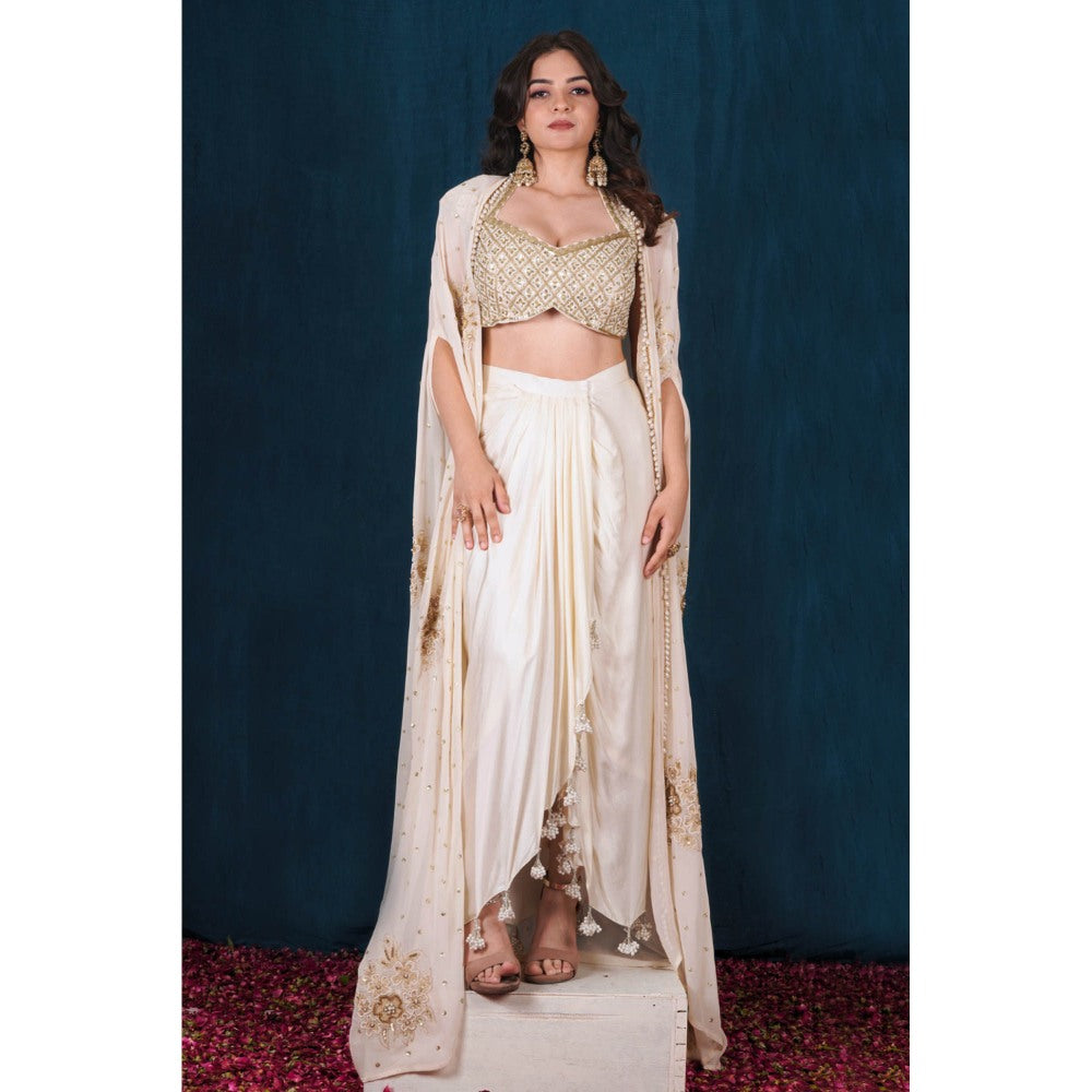 SAUBHAGYA Off-White Embellished Blouse with Drape Skirt and Cape (Set of 3)