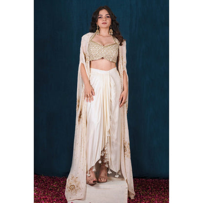 SAUBHAGYA Off-White Embellished Blouse with Drape Skirt and Cape (Set of 3)