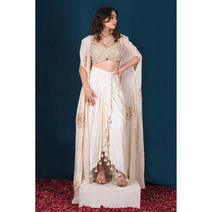 SAUBHAGYA Off-White Embellished Blouse with Drape Skirt and Cape (Set of 3)