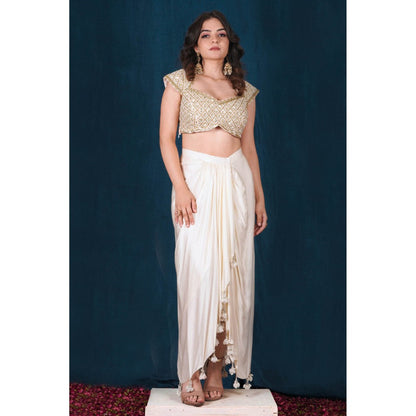 SAUBHAGYA Off-White Embellished Blouse with Drape Skirt and Cape (Set of 3)