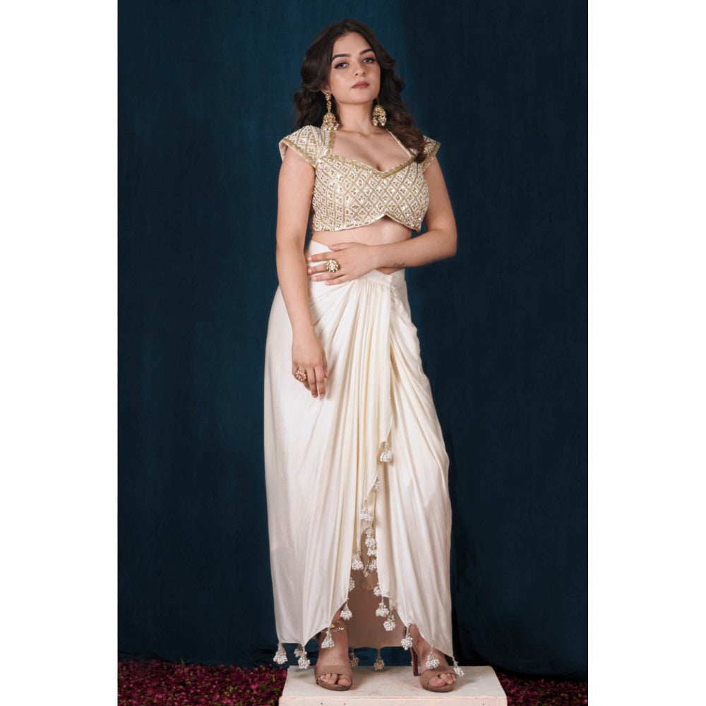 SAUBHAGYA Off-White Embellished Blouse with Drape Skirt (Set of 2)