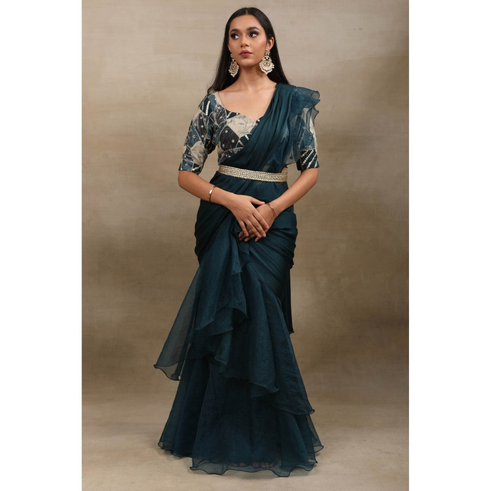 SAUBHAGYA Teal Embellished Pre Drape Saree and Belt with Stitched Blouse