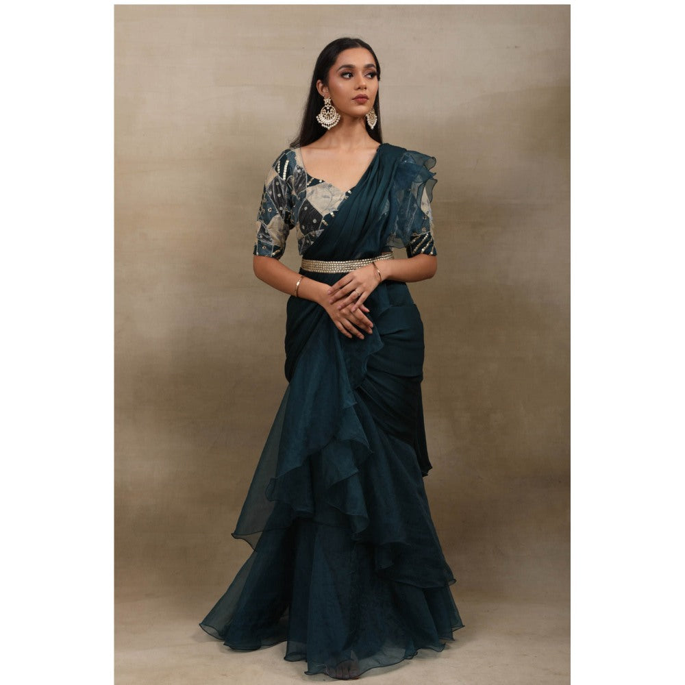 SAUBHAGYA Teal Embellished Pre Drape Saree and Belt with Stitched Blouse