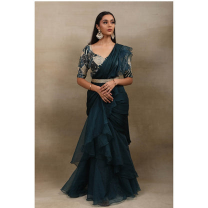 SAUBHAGYA Teal Embellished Pre Drape Saree and Belt with Stitched Blouse