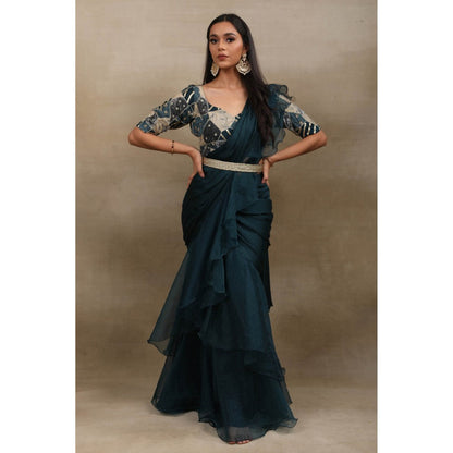 SAUBHAGYA Teal Embellished Pre Drape Saree and Belt with Stitched Blouse