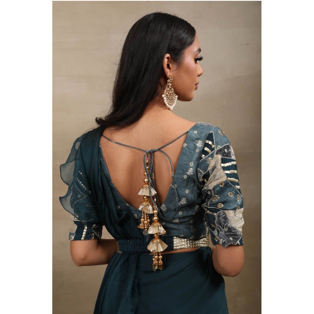 SAUBHAGYA Teal Embellished Pre Drape Saree and Belt with Stitched Blouse