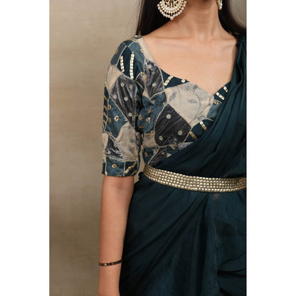 SAUBHAGYA Teal Embellished Pre Drape Saree and Belt with Stitched Blouse
