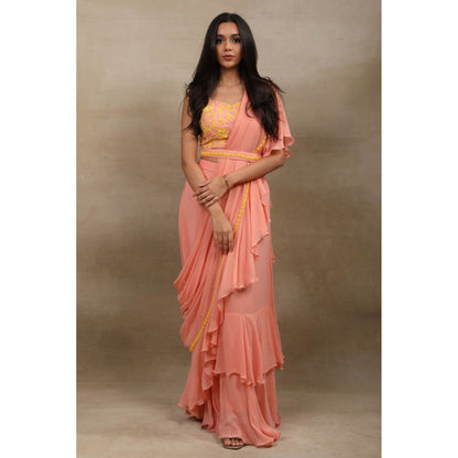 SAUBHAGYA Peach Viscose Pre-Draped Saree with Stitched Blouse