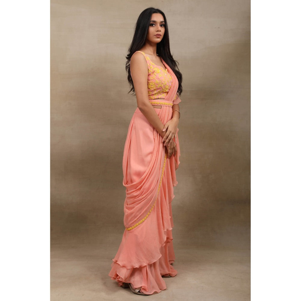 SAUBHAGYA Peach Viscose Pre-Draped Saree with Stitched Blouse