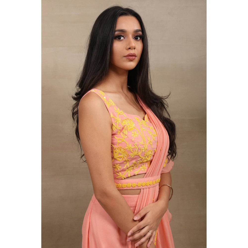 SAUBHAGYA Peach Viscose Pre-Draped Saree with Stitched Blouse