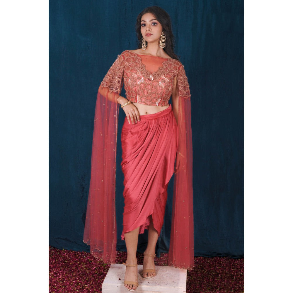 SAUBHAGYA Pink Embellished Drape Skirt and Blouse (Set of 2)