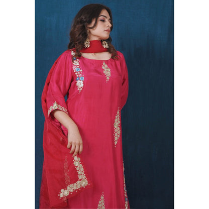 SAUBHAGYA Pink Upada Silk Kurta with Pant and Dupatta (Set of 3)