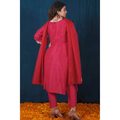 SAUBHAGYA Pink Upada Silk Kurta with Pant and Dupatta (Set of 3)