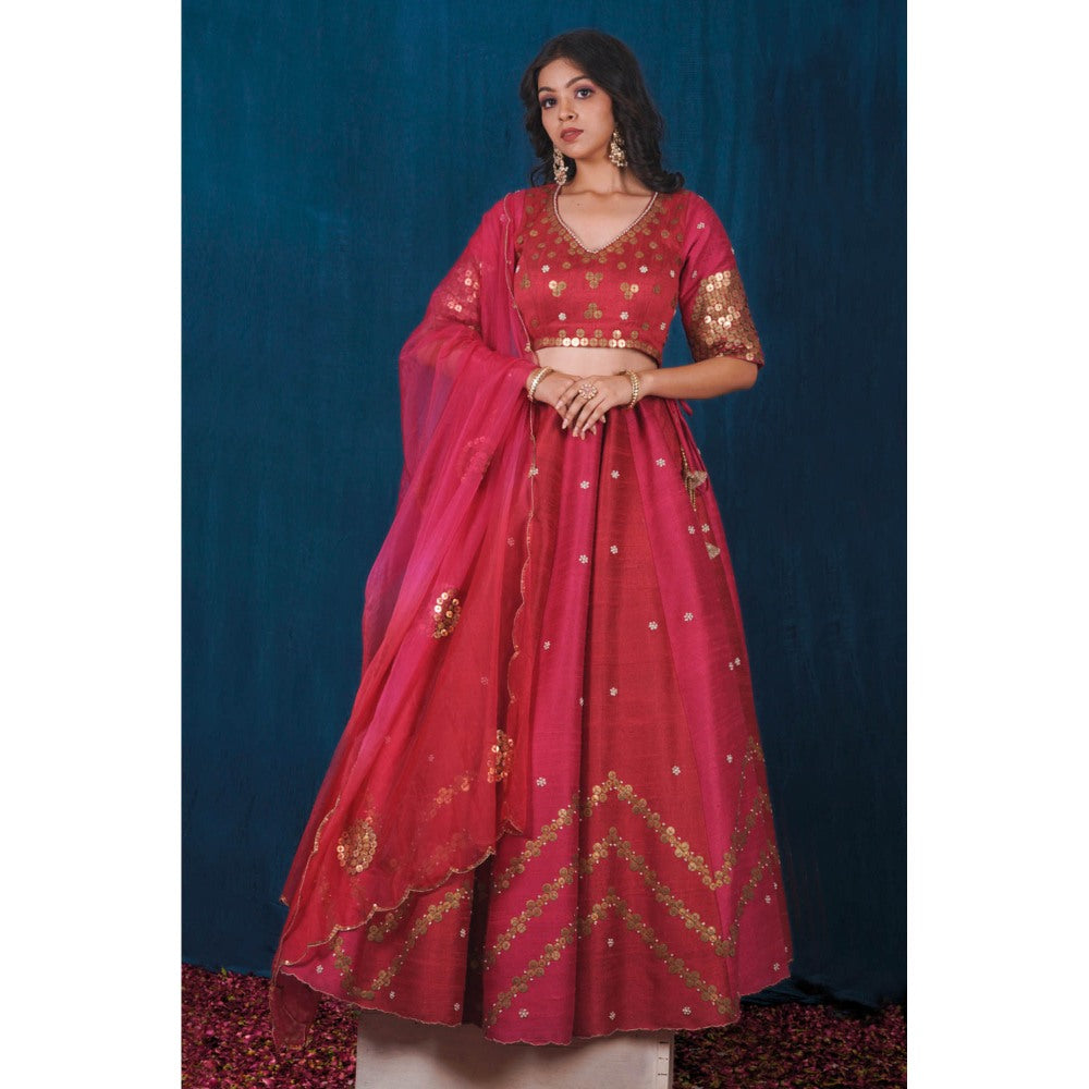 SAUBHAGYA Raw Silk Pink Embellished Blouse with Lehenga and Dupatta (Set of 3)