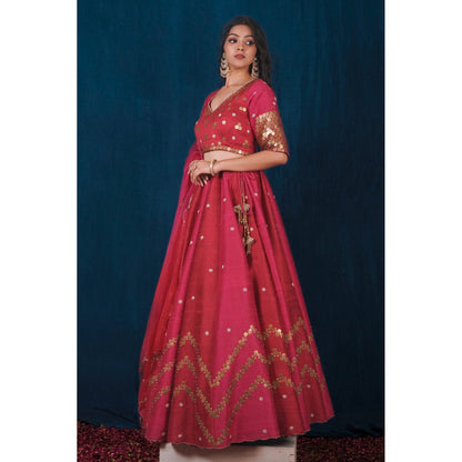 SAUBHAGYA Raw Silk Pink Embellished Blouse with Lehenga and Dupatta (Set of 3)