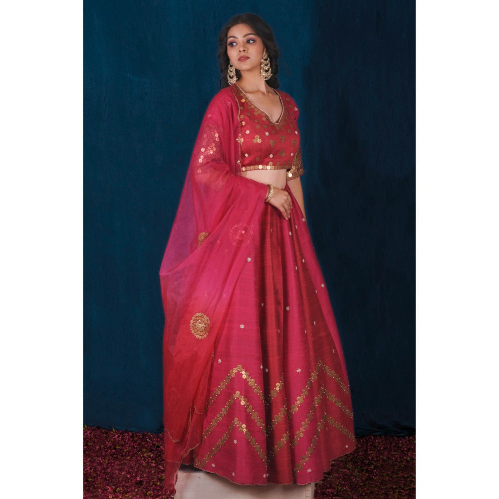 SAUBHAGYA Raw Silk Pink Embellished Blouse with Lehenga and Dupatta (Set of 3)