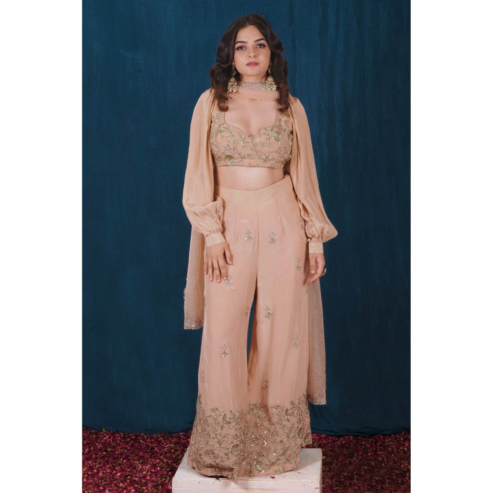 SAUBHAGYA Beige Crepe Blouse and Pant (Set of 3)