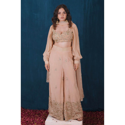 SAUBHAGYA Beige Crepe Blouse and Pant (Set of 3)